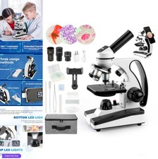 Compound Monocular Microscope 40X-2000X LED Dual Light Phone Adapter Sl