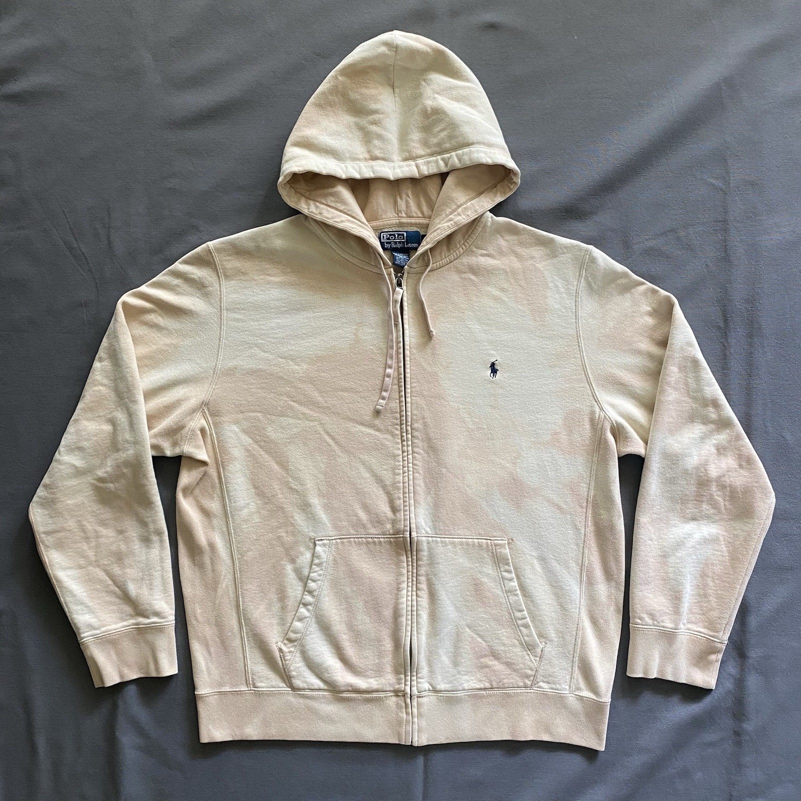 Polo Ralph Lauren Felpa con Cappuccio Uomo Taglia Large Beige Tinta Lavaggio Acido Full Zip Small Pony