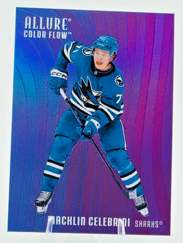 2025-26 Upper Deck Macklin Celebrini #CF-28 Allure Color Flow Blue Purple Sharks
