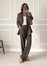 Zara Brown Double Breasted Blazer With Shoulder Pads & Trousers SizeM Co Ord Set