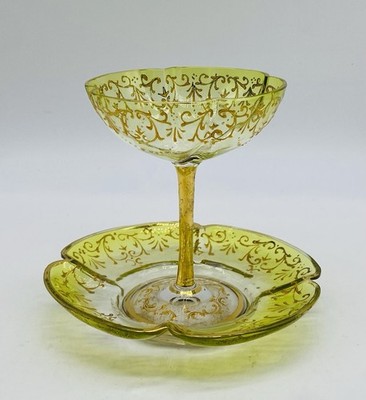 1880Art Nouveau Bohemian MOSER Green Ombré Glass Dish And Underplate Gold Gilded