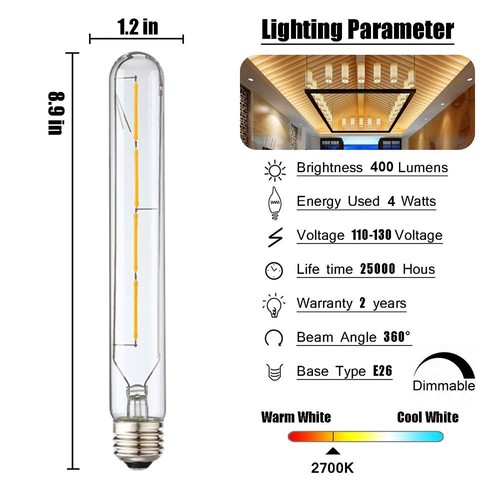 T10 Led Long Bulbs,4W Dimmable Tubular Bulb,40 Watt Equivalent,E26 Edison Sty... - Picture 3 of 9