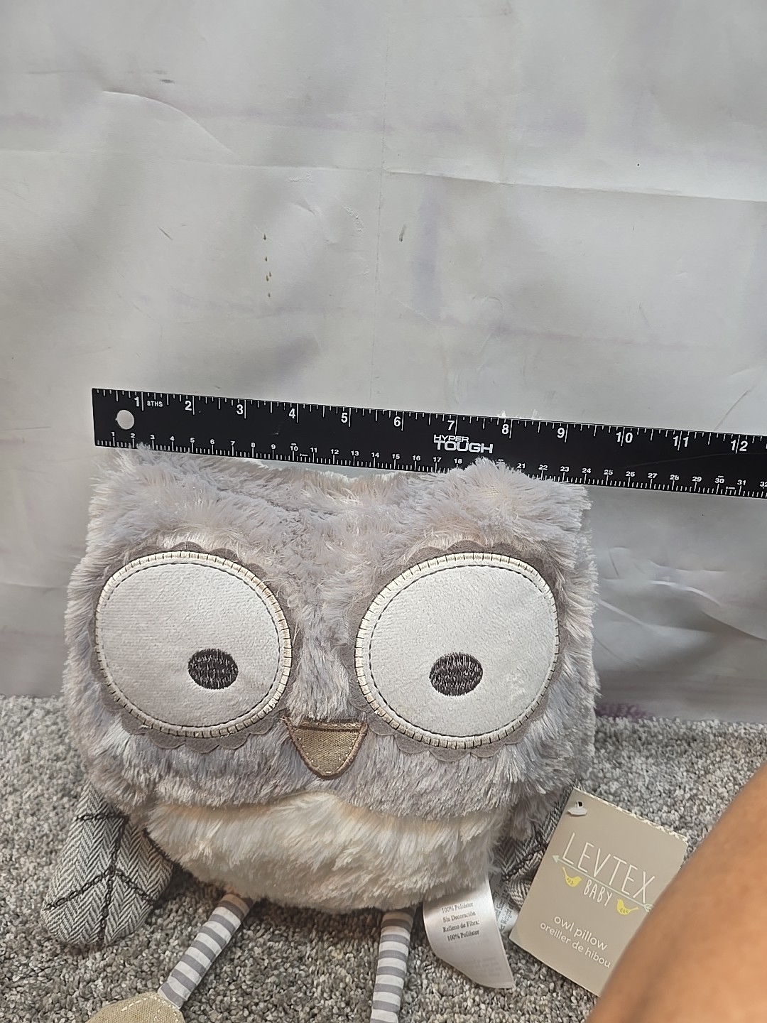 New Levtex Baby Gray Striped Plush Owl Stuffed Animal Pillow Nursery NWT