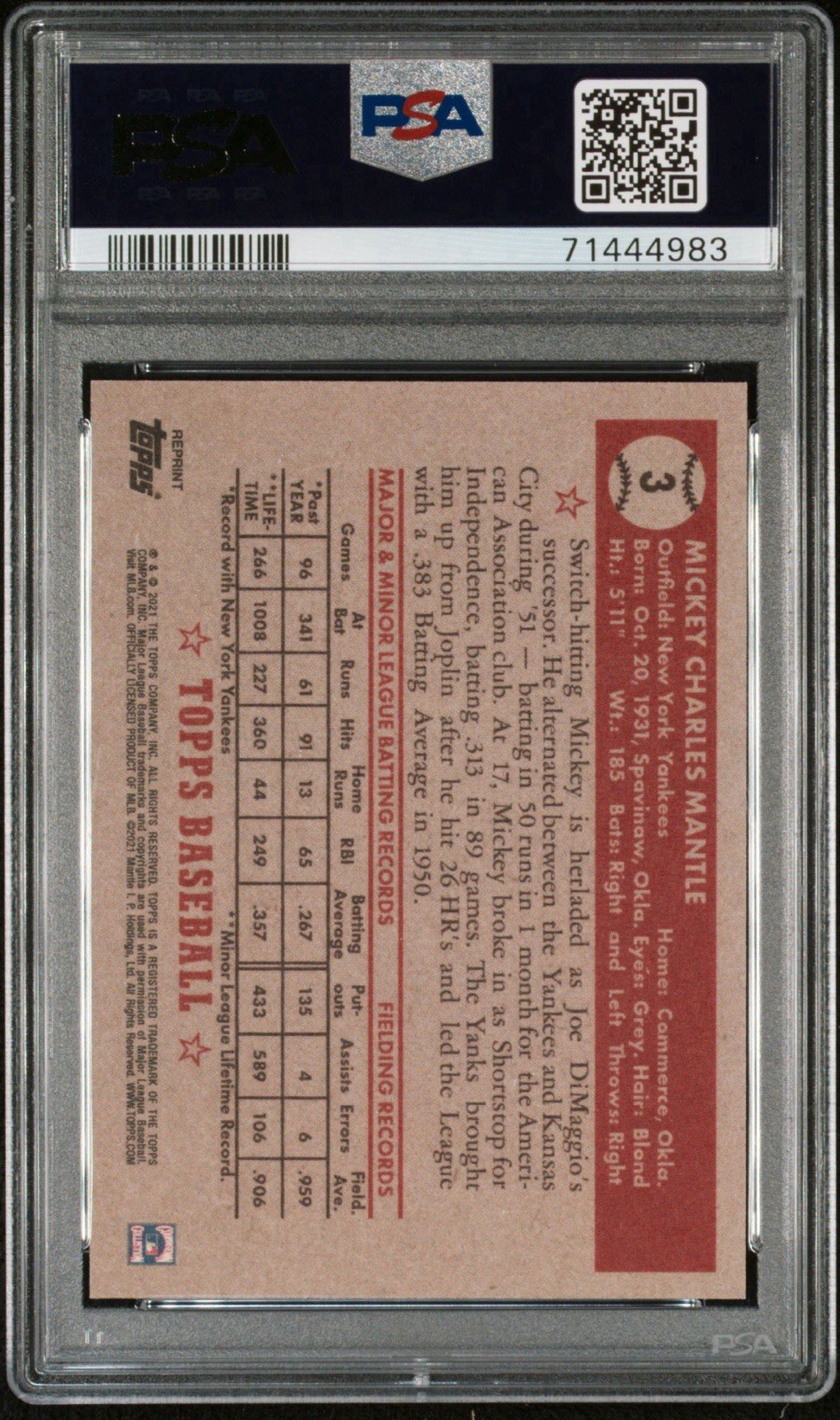 2021 Topps X New York Yankees #7 Mickey Mantle #3 PSA 10 view 2
