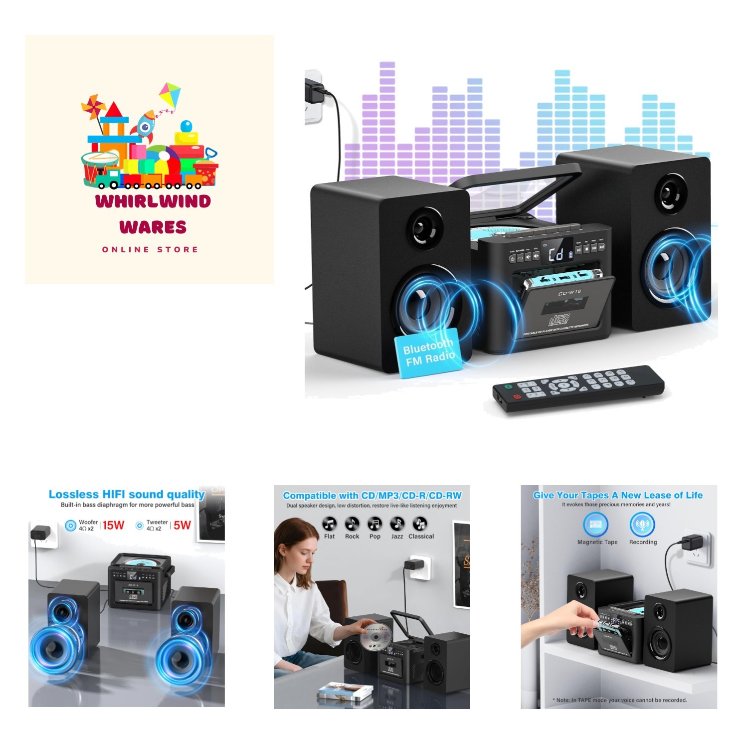 Stylish Home Audio System with Bluetooth, Cassette Player, a