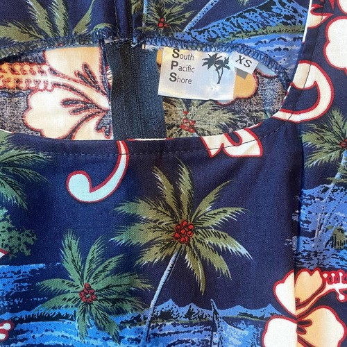 Vintage Blue Hawaiian XSMALL Muumuu Dress - Hibiscus and Palm Tree Print - Picture 3 of 5