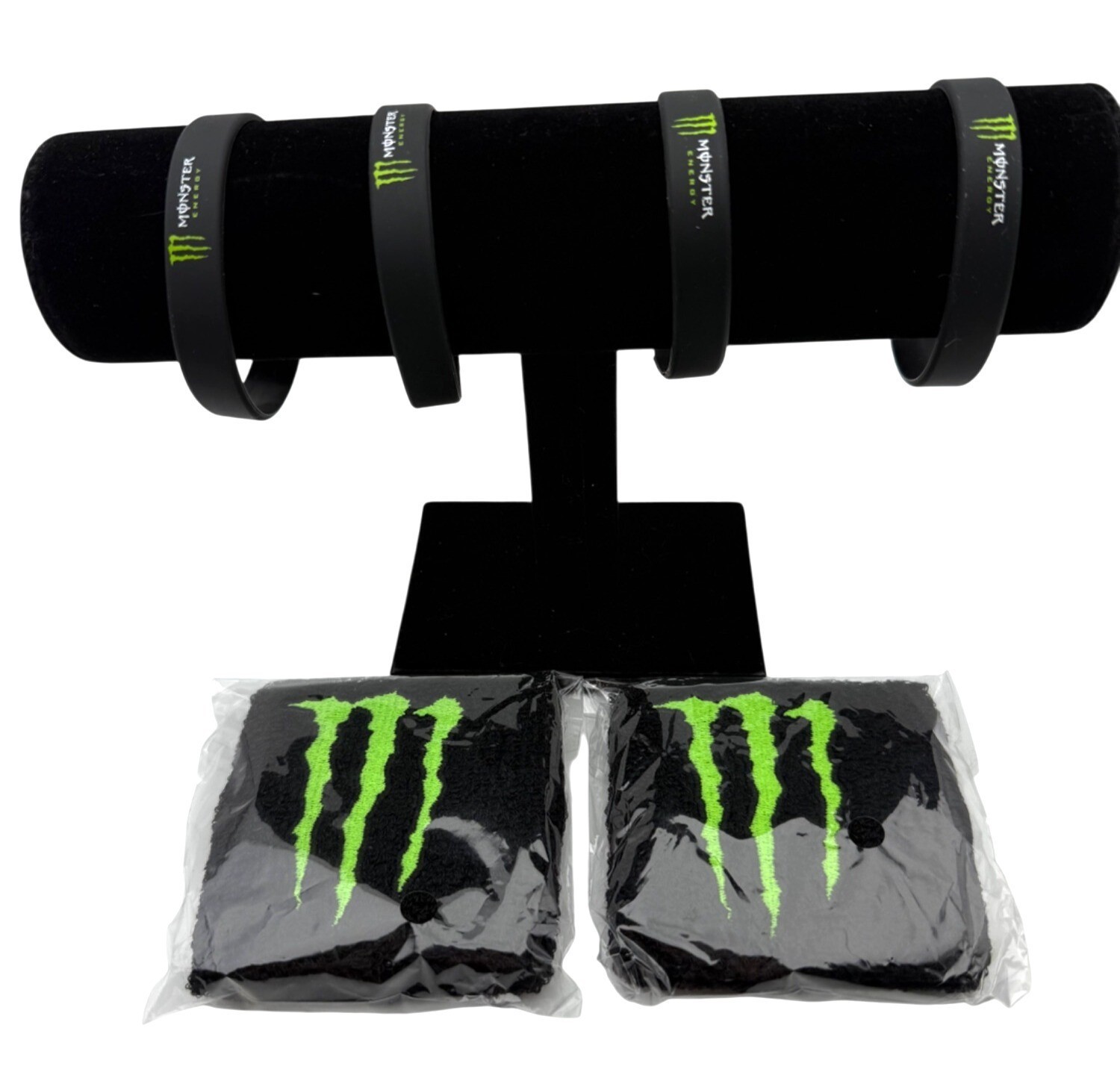 NEW Monster Energy Drink Official Gear Black & Green Wristbands & Sweatbands Set