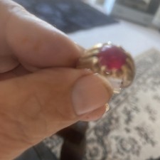 Vintage Synthetic Ruby Gypsy Solitaire 9ct Yellow Gold ring size R ~ 8 3/4