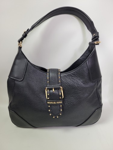 Michael Kors Black Pebble Leather Lillian Studded Shoulder Bag Purse