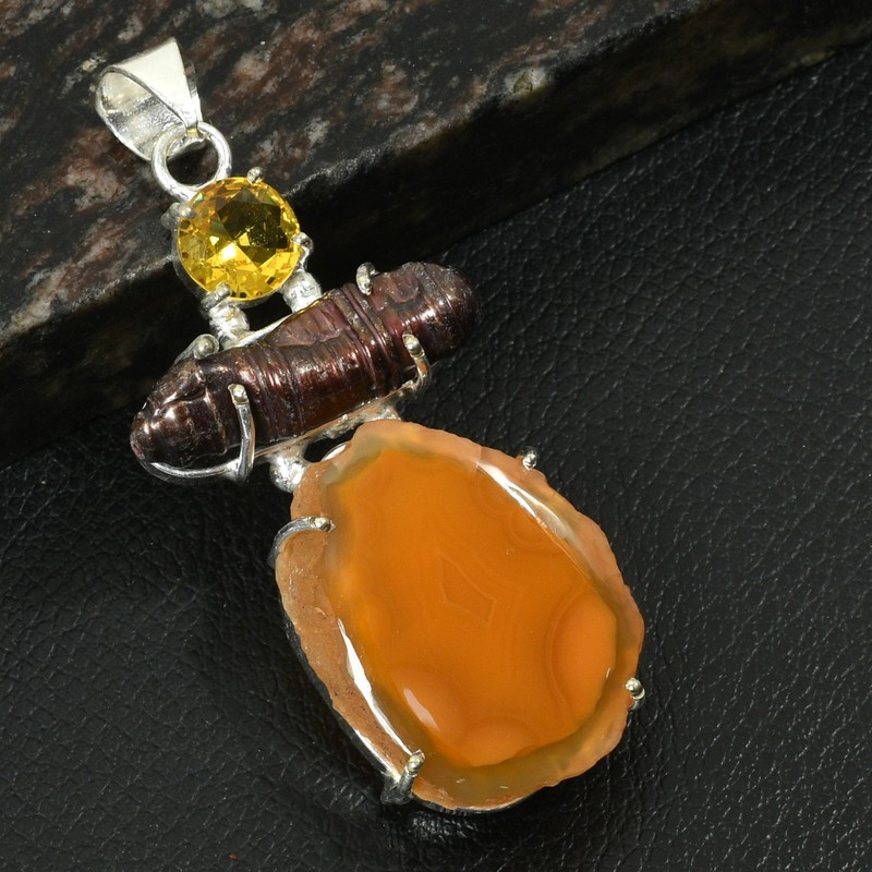 Solar Agate Biwa Pearl Gemstone Ethnic Pendant Jewelry For Unisex 2.72" AP-37465