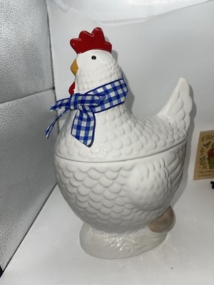 Chicken Cookie Jar Avon Gallery Originals White Ceramic Blue Mother Hen Country