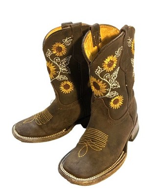 Quincy Kids Cowboy Boots Brown Leather Embroidered With Flowers Size 10/Runs LG