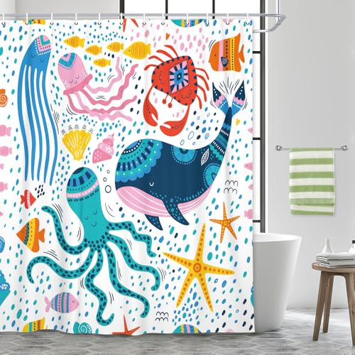 Kinder Ozean Duschvorhang, Cartoon Niedlicher Wal Oktopus Seestern Krabbe Sealife - Bild 1 von 7