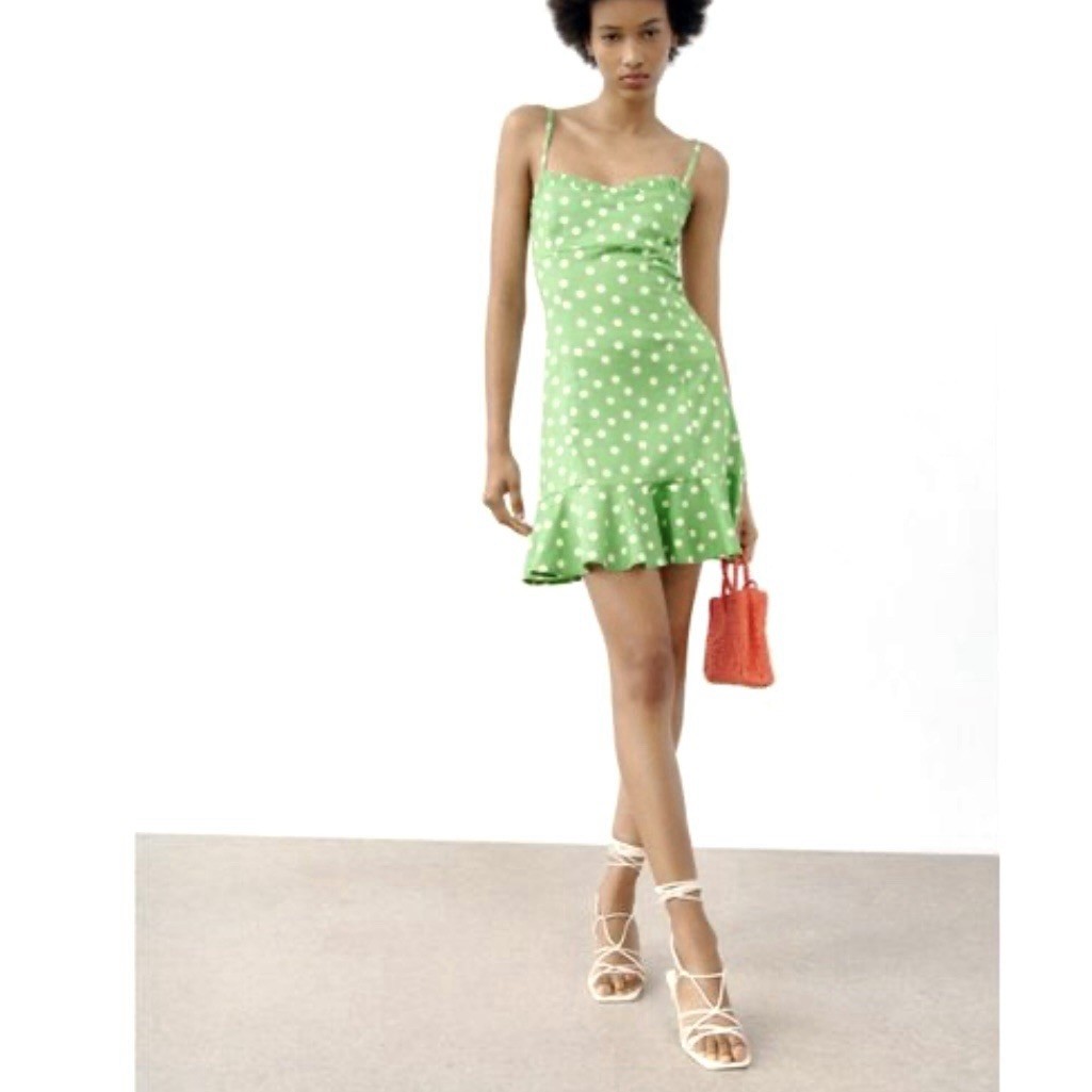 ZARA Linen Blend Polka Dot Cutout Mini Dress Green White Size Large NWOT