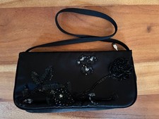 Womens Beaded Black Satin Fabric Evening Purse Clutch Bag Small