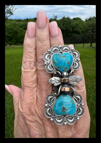 NAVAJO ~KINGMAN ~ TÜRKIS ~ ZWEI STEINE ~ HERZ ~ BIENE 🐝 ~RING ~ RUSSELL SAM - Bild 8 von 12