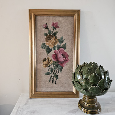 Vintage Wandteppich gerahmt Stickerei Nadelspitze Rosen Blumen Floral Cottagecore