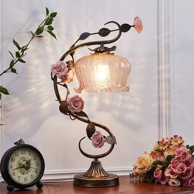 Antique Style Floral Table Lamp Vintage Rose Bedroom Decor Desk Lamp Lighting