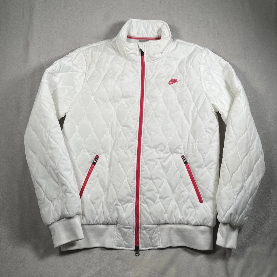 Винтажный Nike стеганая куртка женщин L серый ярлык полный двойной молнии белый/розовый акцент - Изображение 2 из 4