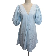 Ganni 34 2 Broderie Anglaise Illusion Poplin Blue Eyelet Mini Dress Puff Sleeve