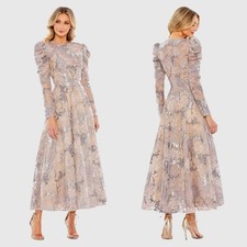 Mac Duggal 20326 Beige Embellished High Neck Puff Sleeve A-Line Dress Size 6 NWT