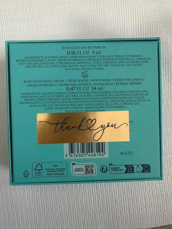 Tiffany & Co. Eau De Parfum Oro Rosa 0.16oz. & Crema de manos 0,47 oz. Nuevo en caja Foto 2 de 4
