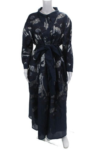 Rickie Freeman Teri Jon Womens Floral Print Belted Dress Navy Blue Silver Size 2