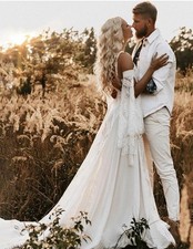 Bohemian Lace Wedding Dress With Bell Sleeves. White Over Ivory.
