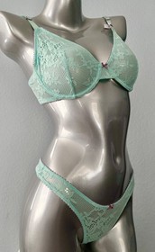 Victorias Secret Nwt Tease Unlined Demi Bra + Thong Waterfall Green Lace Set