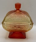 Vintage Jeanette Amberina Acorn & Leaf Square Candy Jar w Lid 6.75"