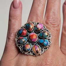 Spiny Oyster Turquoise Statement Ring. Adj. Size 6-10. 925 Sterling Silver