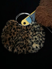 Leopard Print Plush Pom Pom Bag Charm Keychain, Silver Hardware, Brown/Black