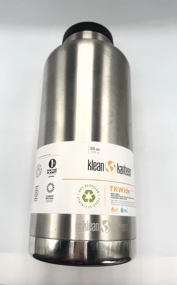 NUEVA botella de agua Klean Kanteen TKWide 64 oz aislada plateada de acero inoxidable 12"" Foto 3 de 4