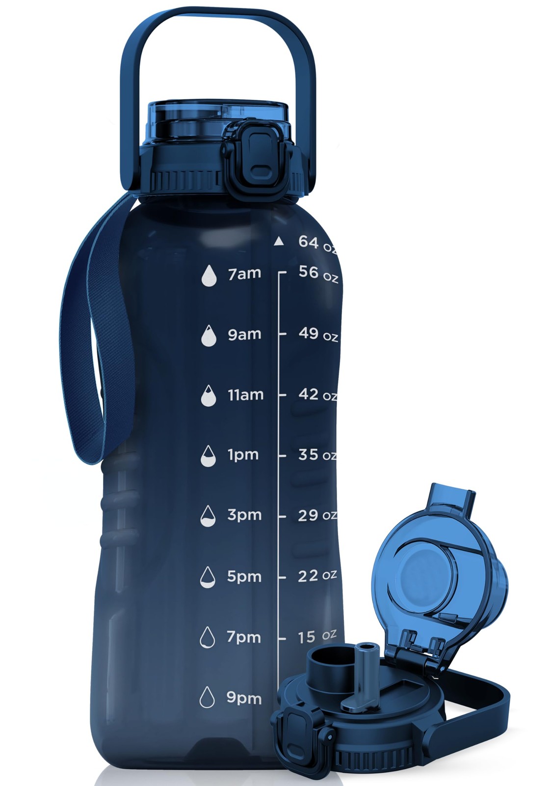 64 oz Water Bottle with Time Marker - 2in1 Straw & Chug Lid 