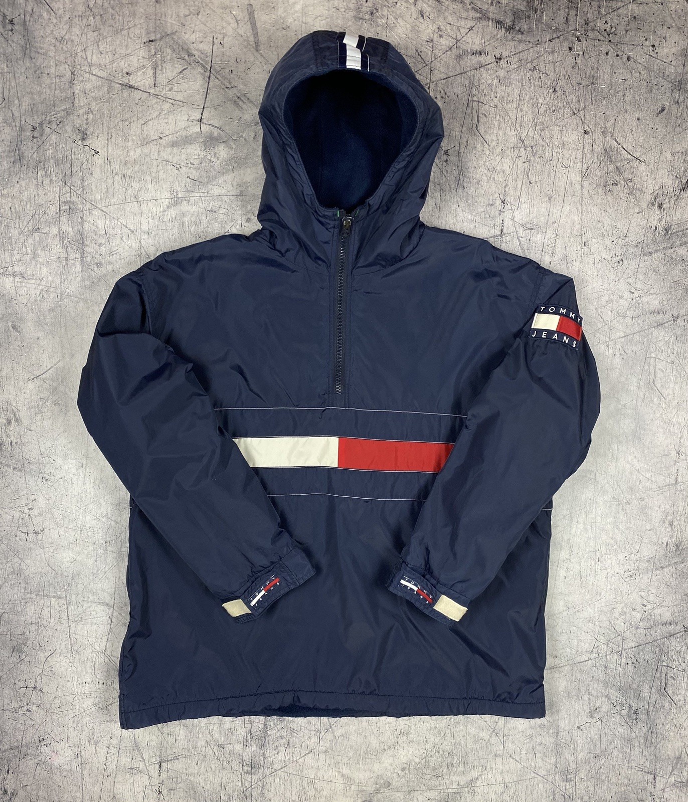 Vtg 90s Tommy Hilfiger Hype Double Big Logo Jacket Anorak Mens M Nylon Fleece