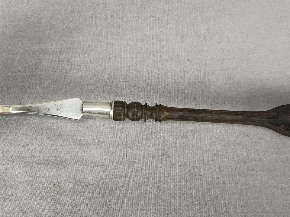 Cucharón Schultz alemán de principios del siglo XIX con mango de madera torneado plateado 12 telas Foto 3 de 4