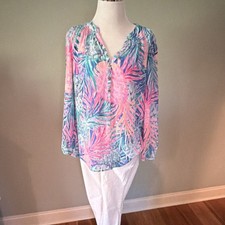 Lilly Pulitzer Tropical Floral Tunic Blouse V-Neck Long Sleeve M Multicolor
