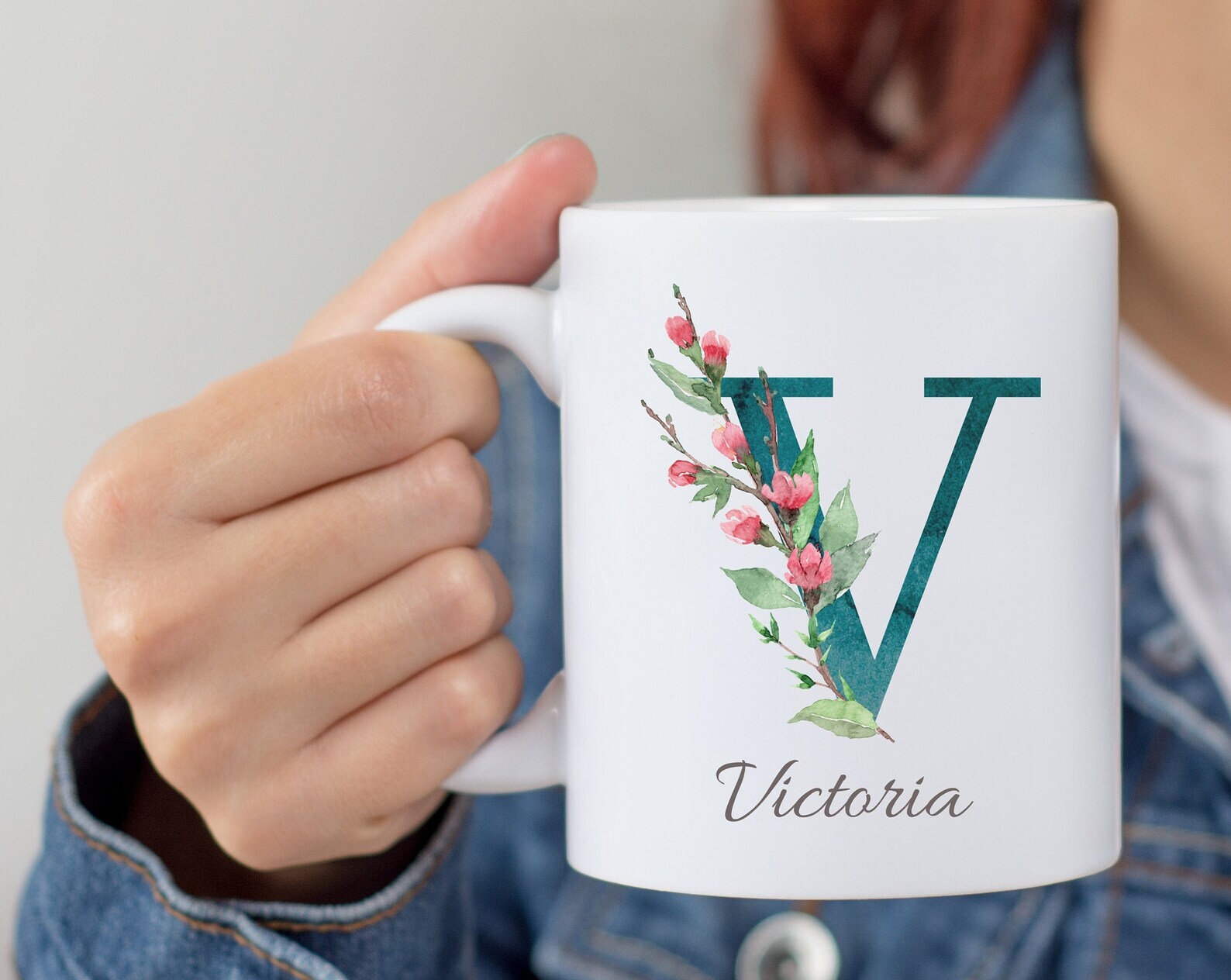 Personalized Monogram Initial Name Mug Floral Alphabet Cup Birthday Gift