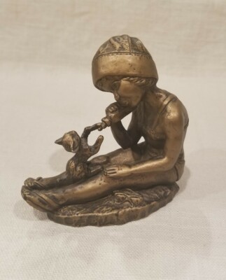 RARE Vintage Girl Feeding Kitten At The Beach Brass Metal Sculpture Signed SHL