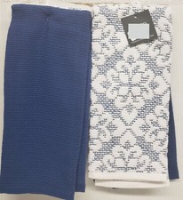 Set of 2 Different Kitchen Towels 16" x 26" FLOWERS DESIGN  BLUE, Pantry