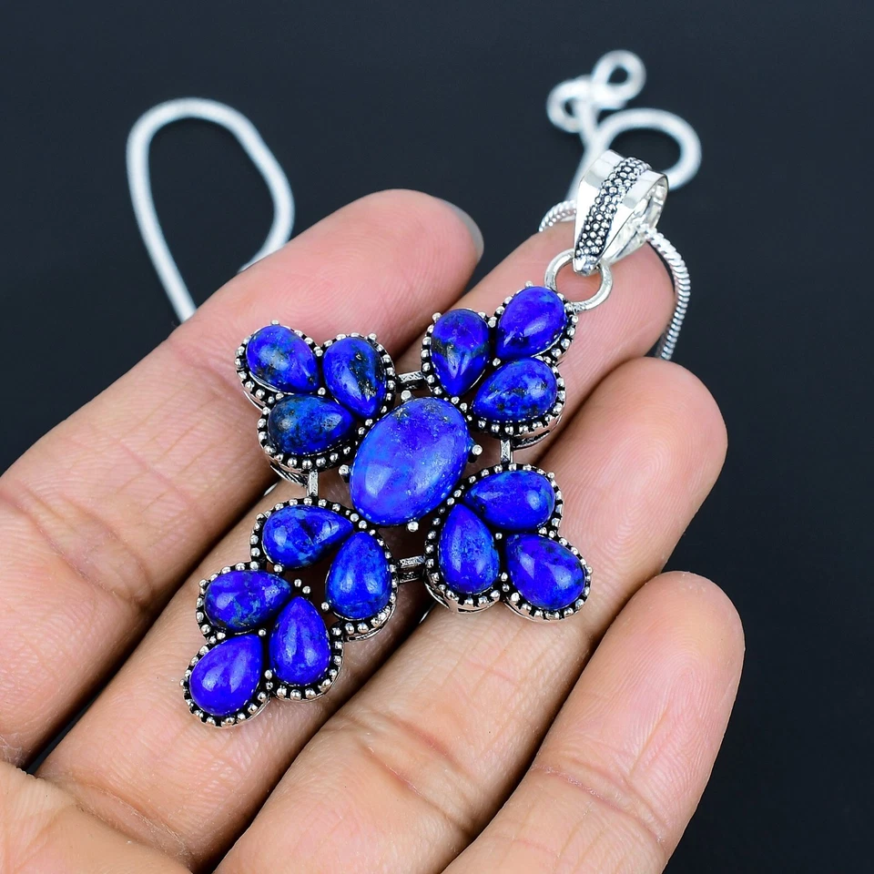 Blue Lapis Lazuli Gemstone Cross Pendant 925 Sterling Silver Handmade Pendant - Image 3 of 4