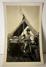 Soldier On Motorcycle With Side Car  Next To Field Tent Vintage Military