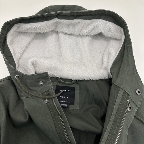 RVCA Jacket Men M Khaki Green Full Zip/Snap Sherpa Lined Hood Drawcord Lined - Picture 12 of 19