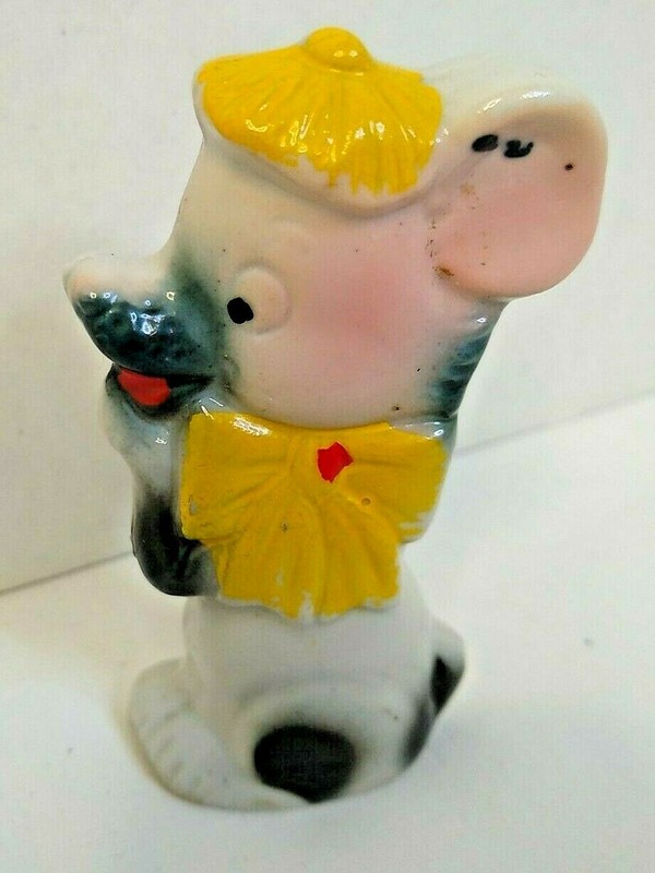 Dog Pressed Porcelain Figurine Painted 1 side Japan 3.75 inches Carnival Prize