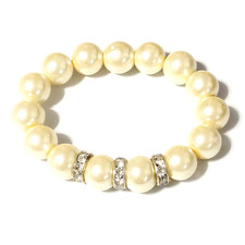 Faux Pearl Stretch Bracelet Rhinestones Satin White Chunky sbr-31