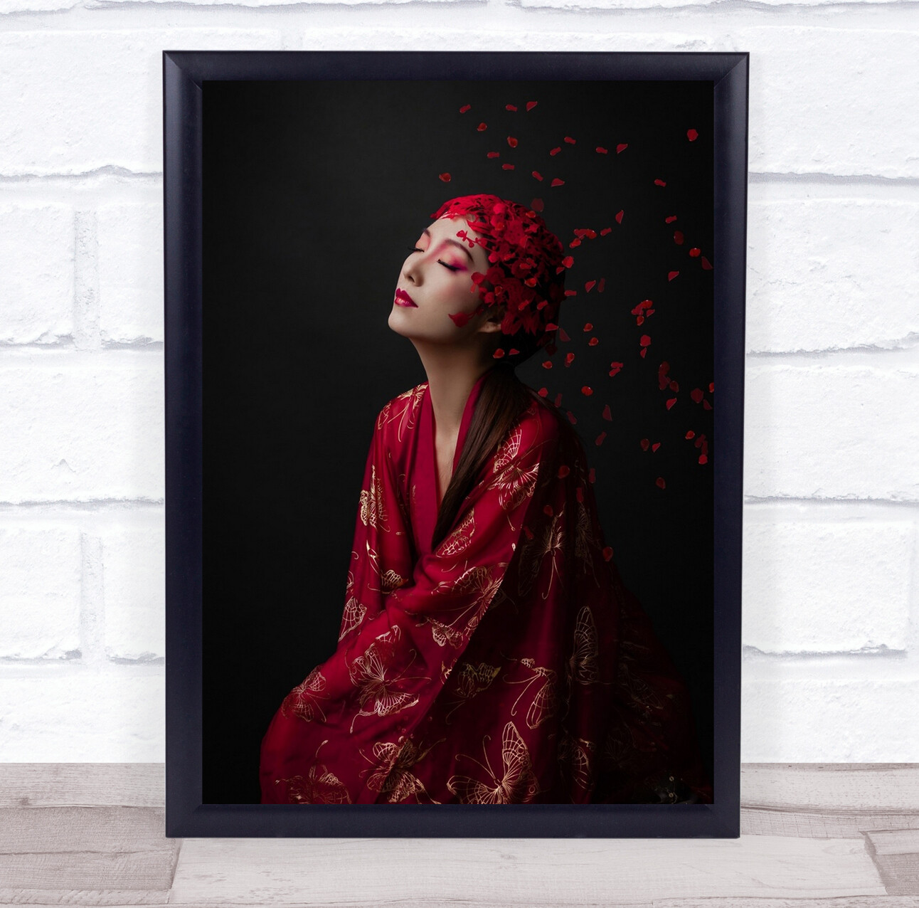 Red Butterfly woman eyes closed pose Wall Art Print