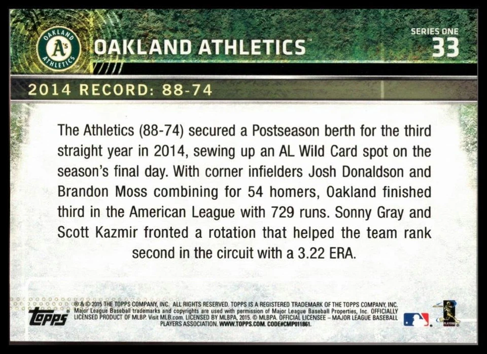 2015 TOPPS #33 OAKLAND ATHLETICS/TC - Image 2 of 2