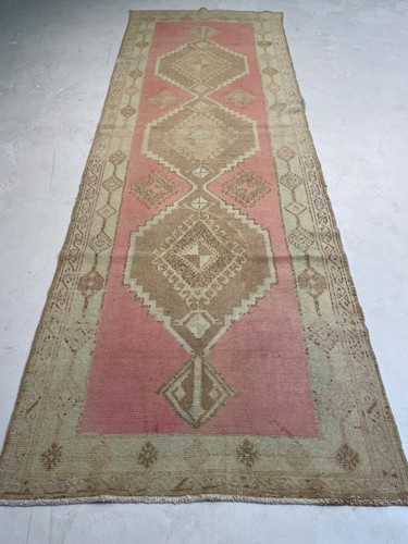 Antique Oriental Hand-Knotted Wool Runner Turkish Oushak Red/Ivory 3'8"  10'11"
