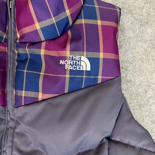 North Face Womens Vest Large Purple Plaid Puffer Down Jacket Coat 550 Hiking Top - Picture 3 of 12