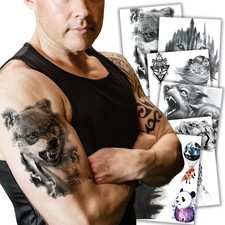 6 Sheets Animal Temporary Tattoos, Black Strong Wolf Tiger Tattoo Stickers fo...